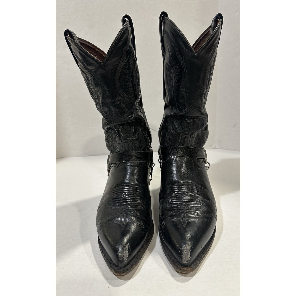 Tony Lama Black Leather Cowboy Boots Chain 008458819 Men's Size 11